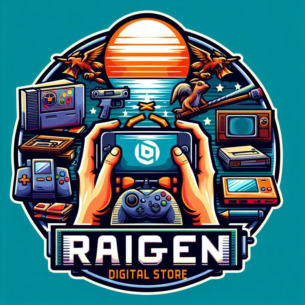 Colorful design featuring a game controller, retro consoles, and the text "Raigen Digital Store."